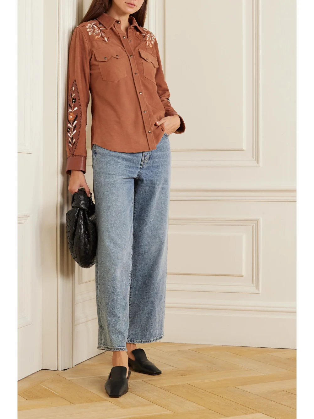 Fortela Blondie Embroidered Leather-trimmed Suede Shirt, worn by a model