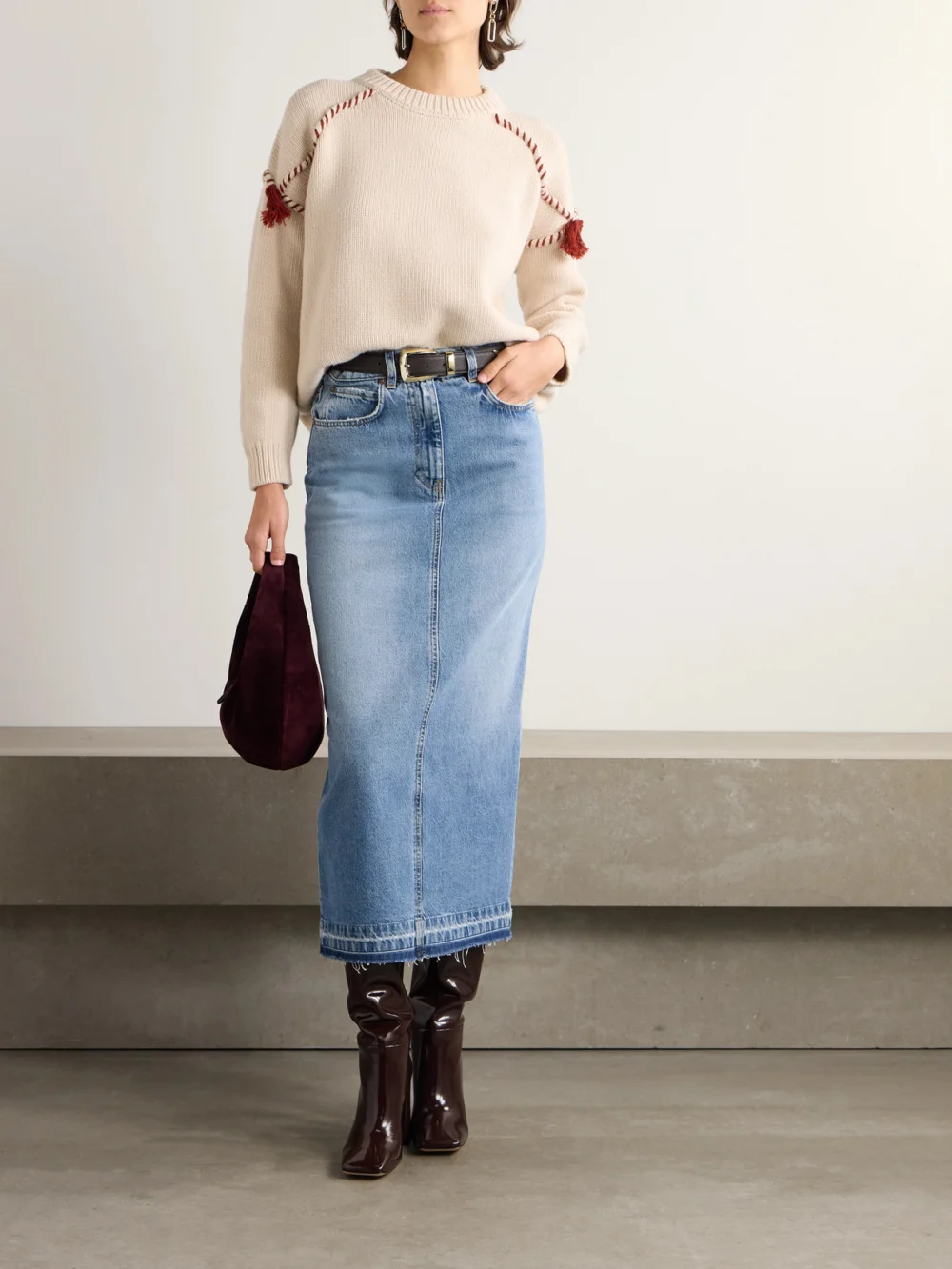 Fortela Denim Midi Skirt, worn by a model