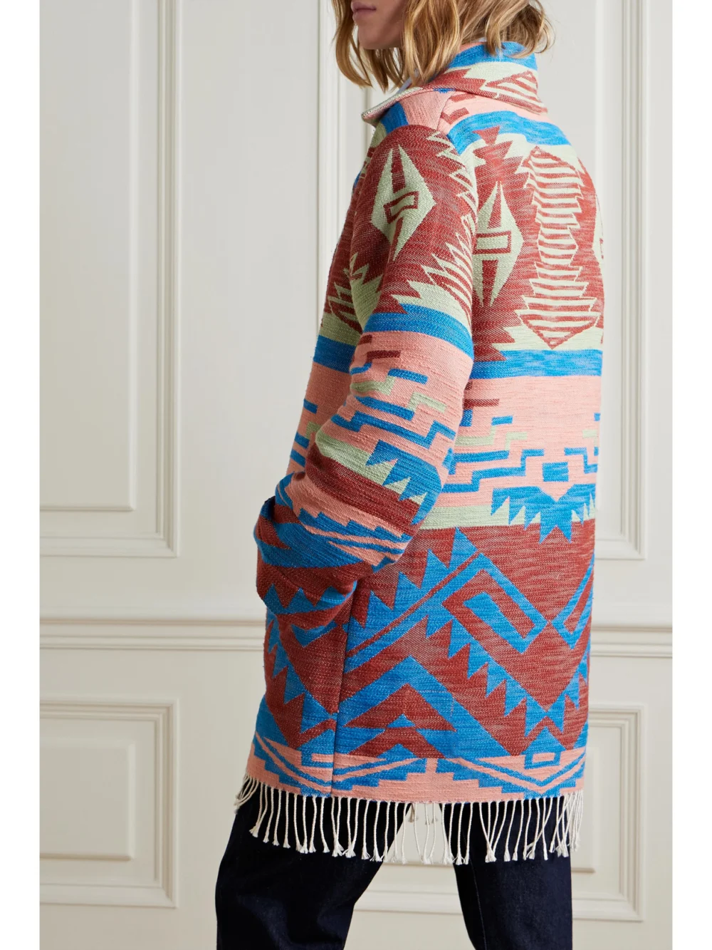 Back view of the Fortela Faryn Fringed Embellished Cotton-jacquard Jacket