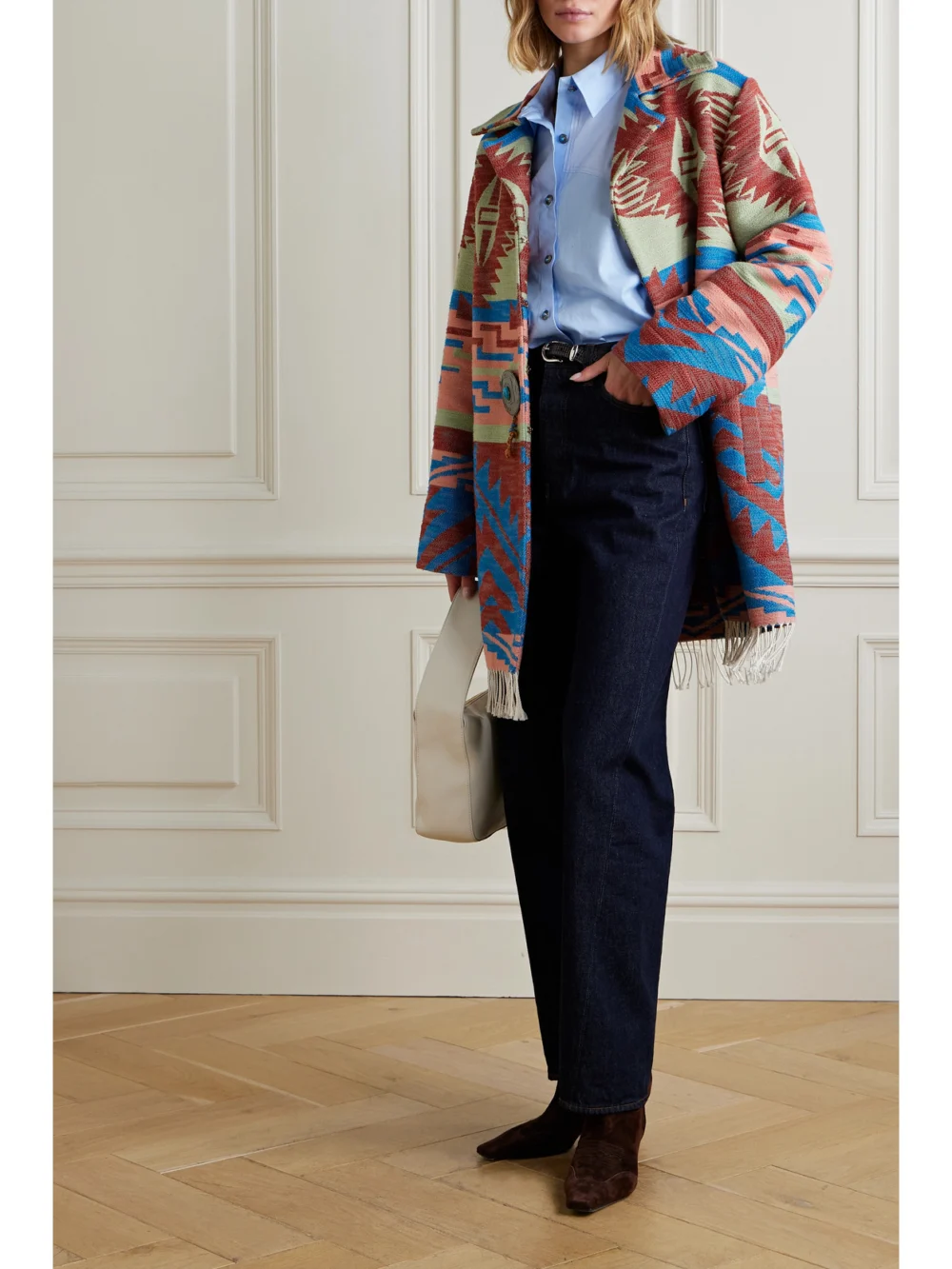 Fortela Faryn Fringed Embellished Cotton-jacquard Jacket, worn by a model