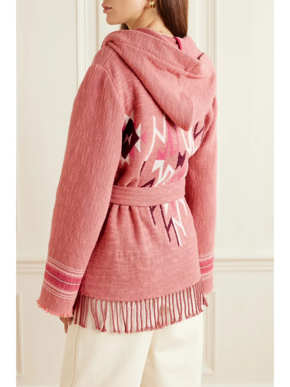 Back view of the Fortela Felipa Belted Hooded Fringed Wool-blend Jacquard Cardigan
