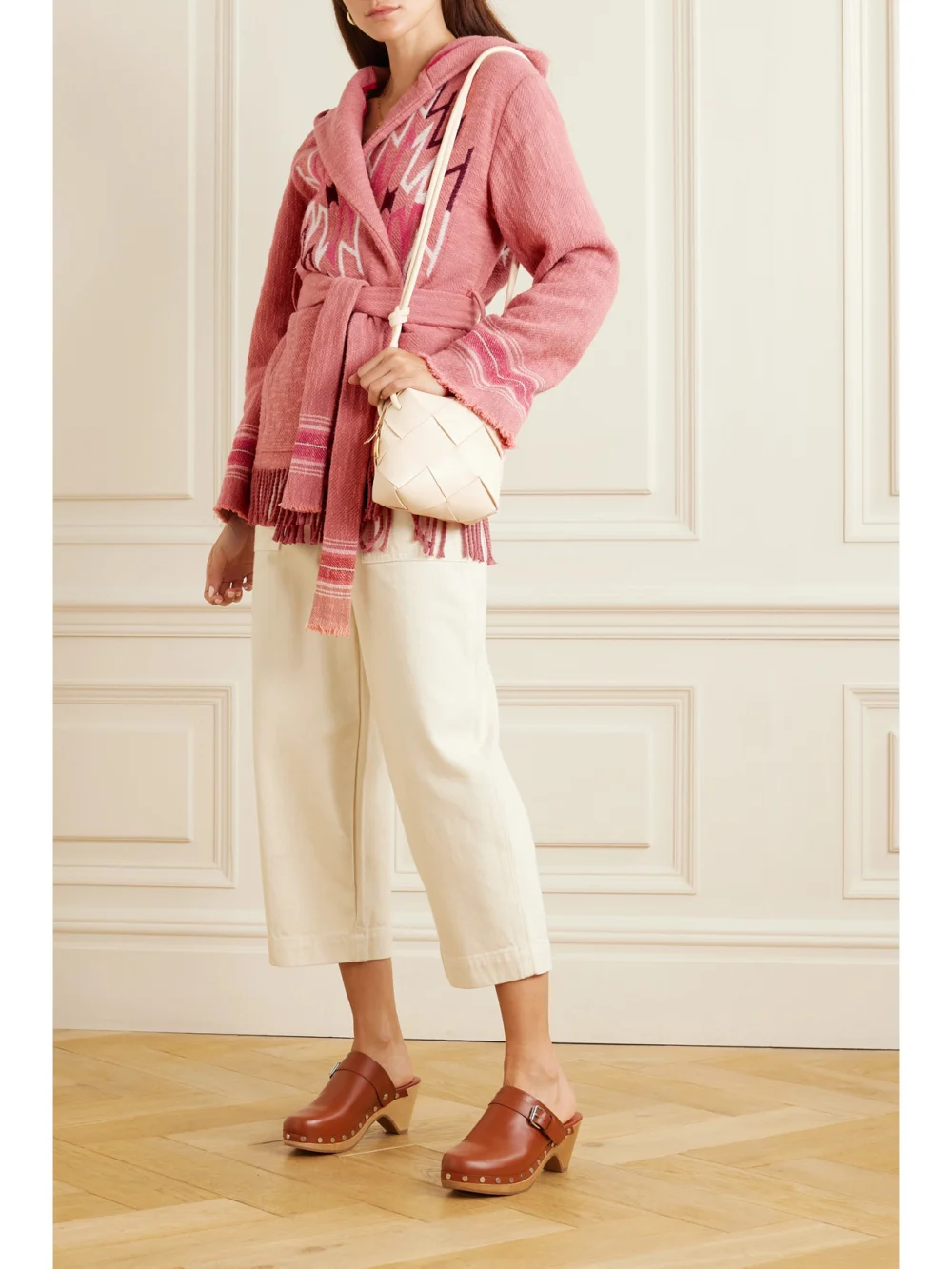 Fortela Felipa Belted Hooded Fringed Wool-blend Jacquard Cardigan, worn by a model