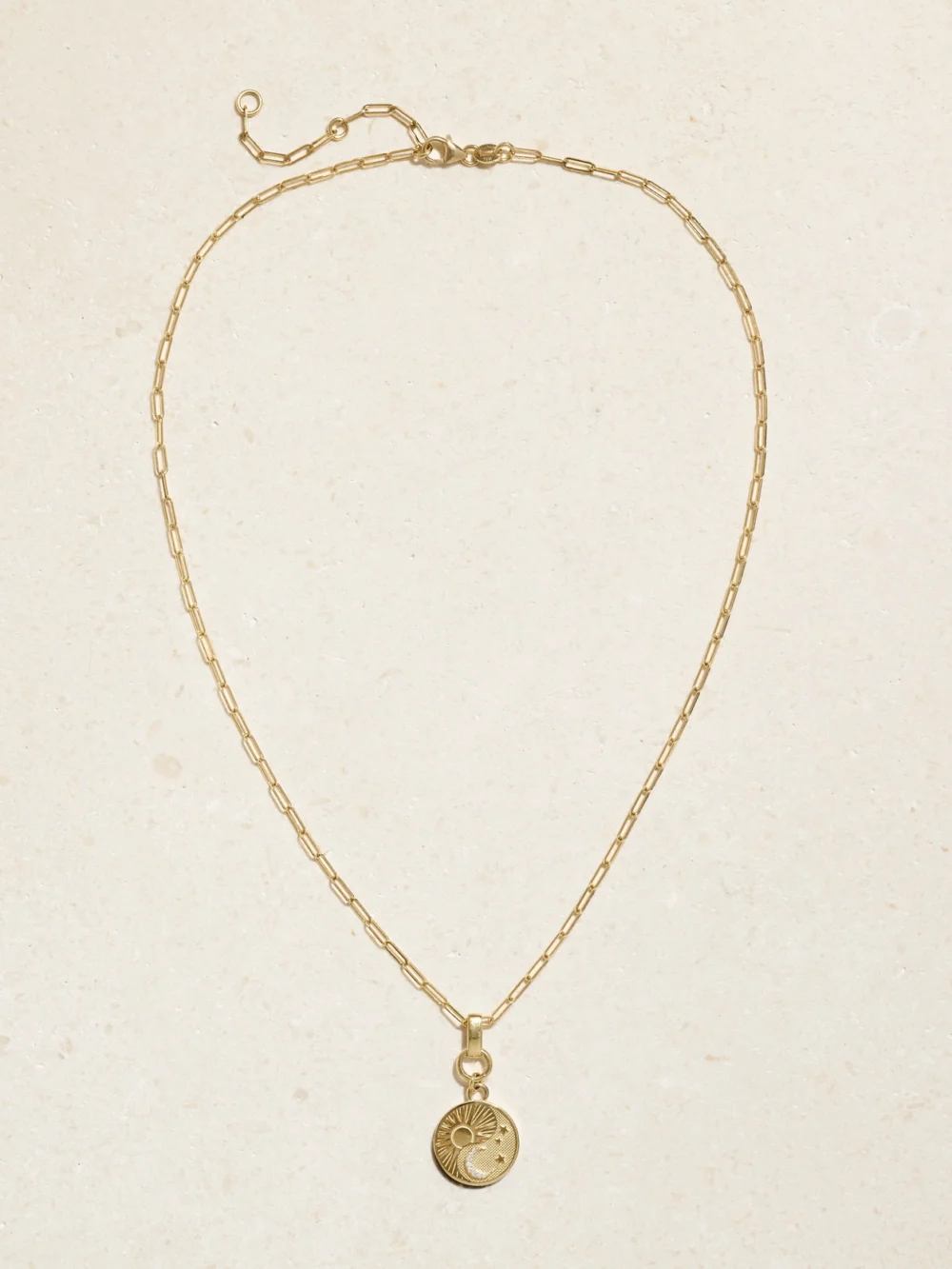 Close-up detail of the FoundRae Balance 18-karat Gold and Enamel Necklace
