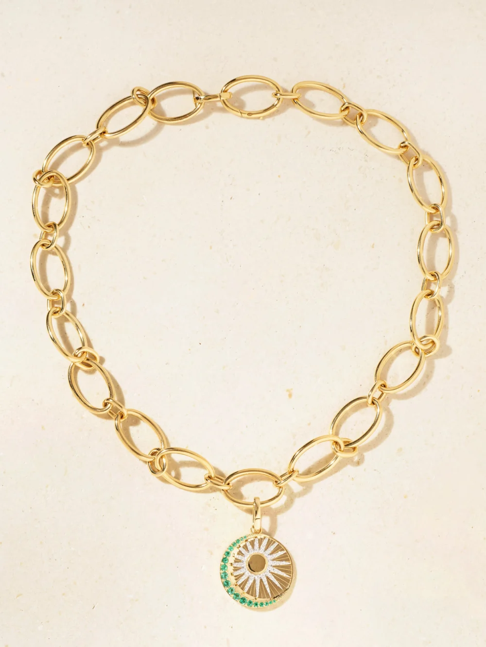 Close-up detail of the FoundRae Balance 18-karat Gold, Emerald and Diamond Necklace