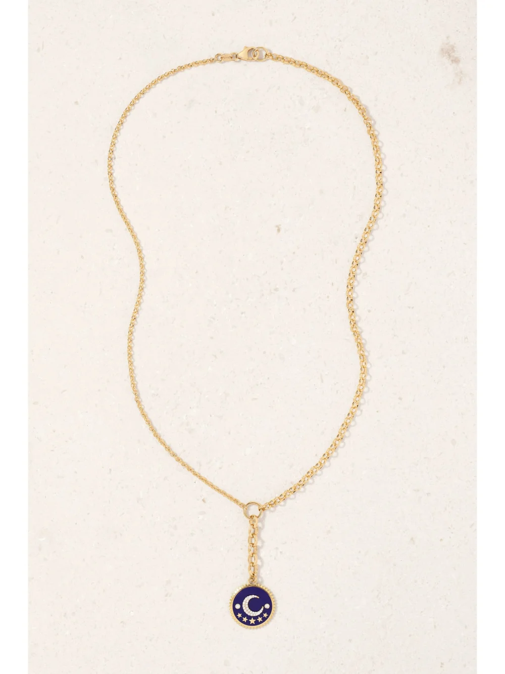 Close-up detail of the FoundRae Blue Crescent 18-karat Gold, Diamond and Enamel Necklace