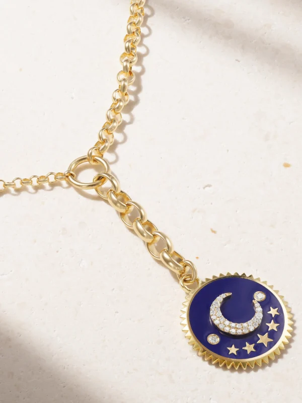 FoundRae Blue Crescent 18-karat Gold, Diamond and Enamel Necklace