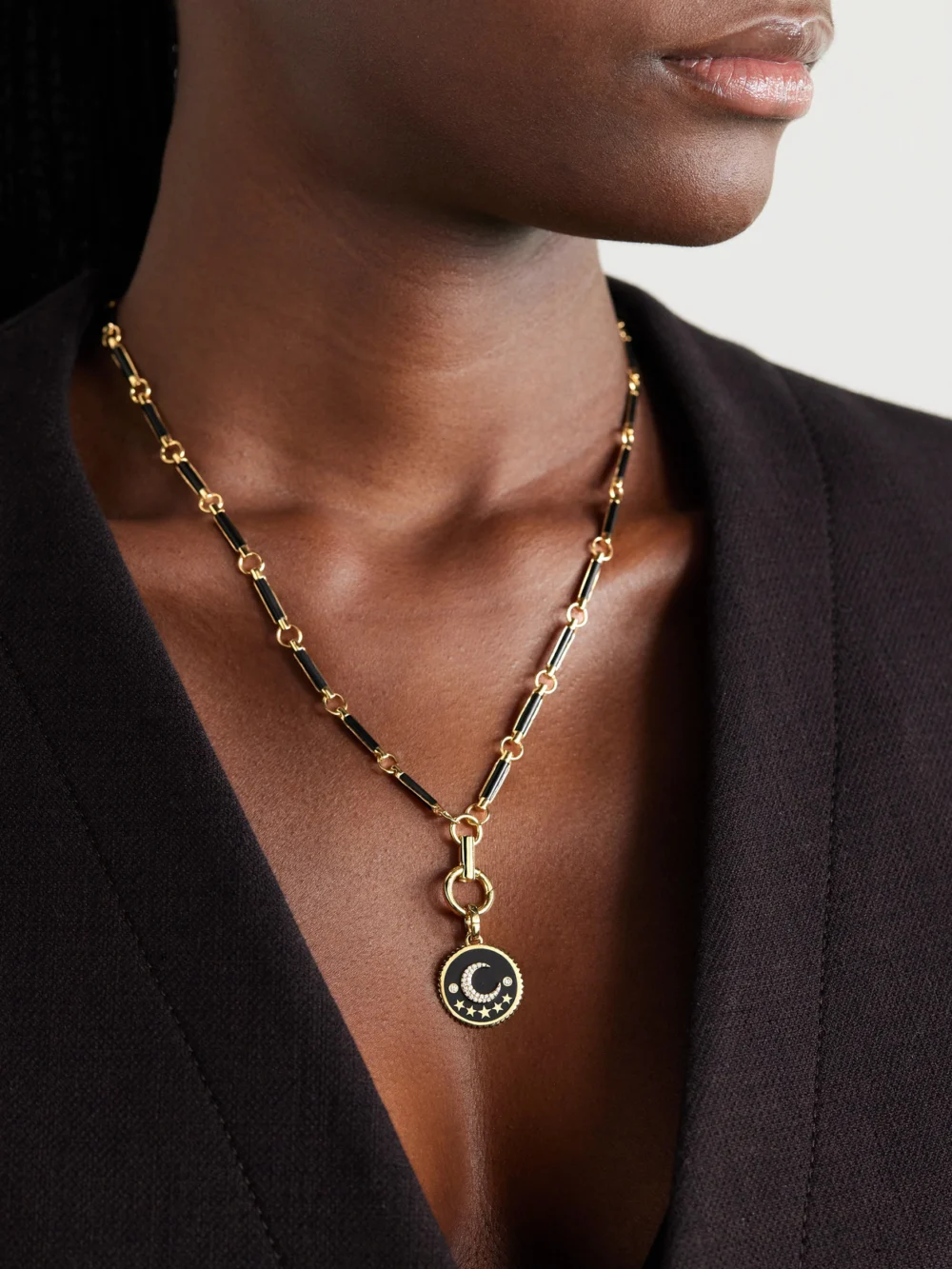 FoundRae Crescent 18-karat Gold, Diamond and Enamel Pendant, styled view