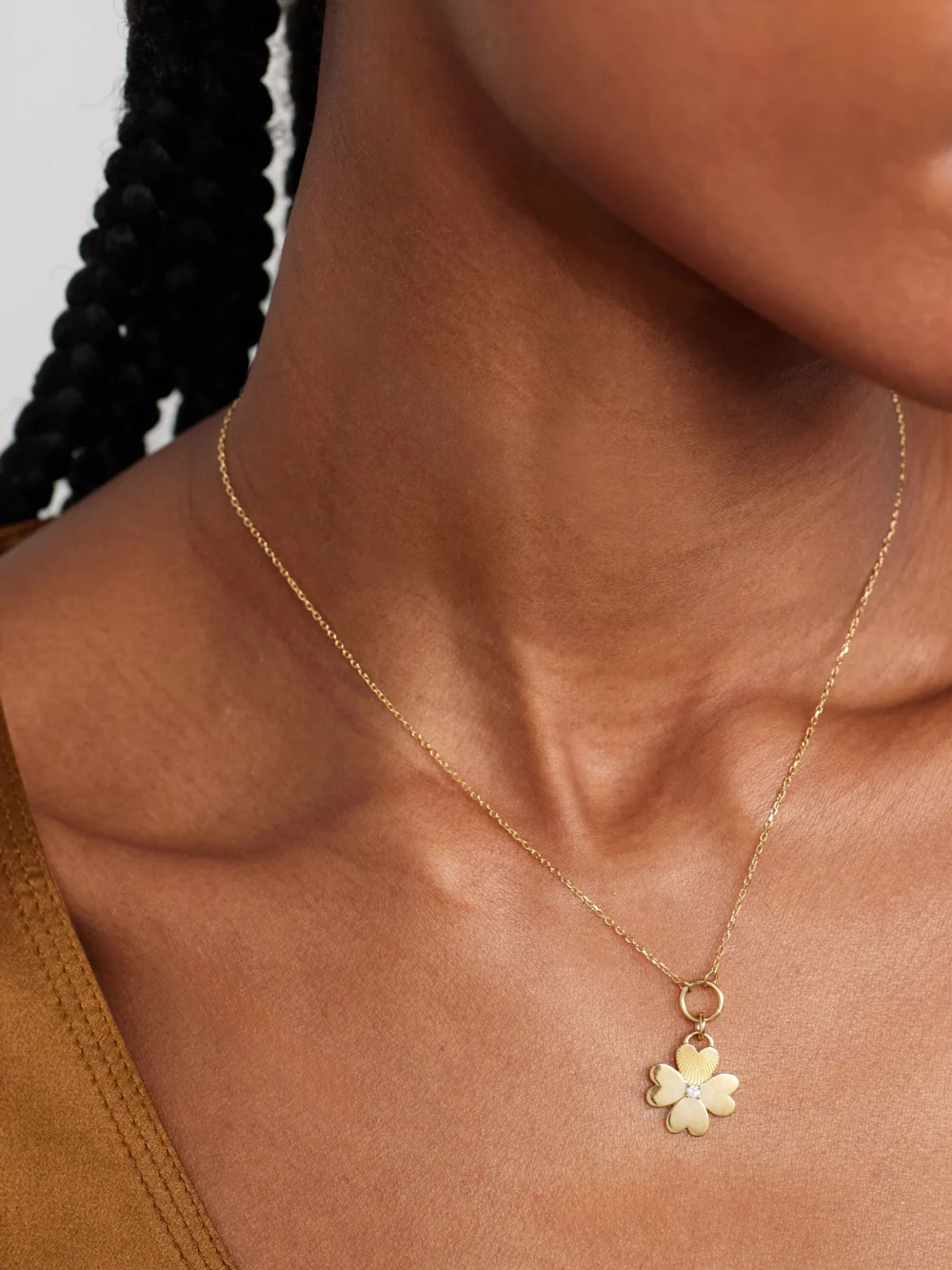FoundRae Four Heart Clover 18-karat Gold, Enamel and Diamond Necklace, styled view