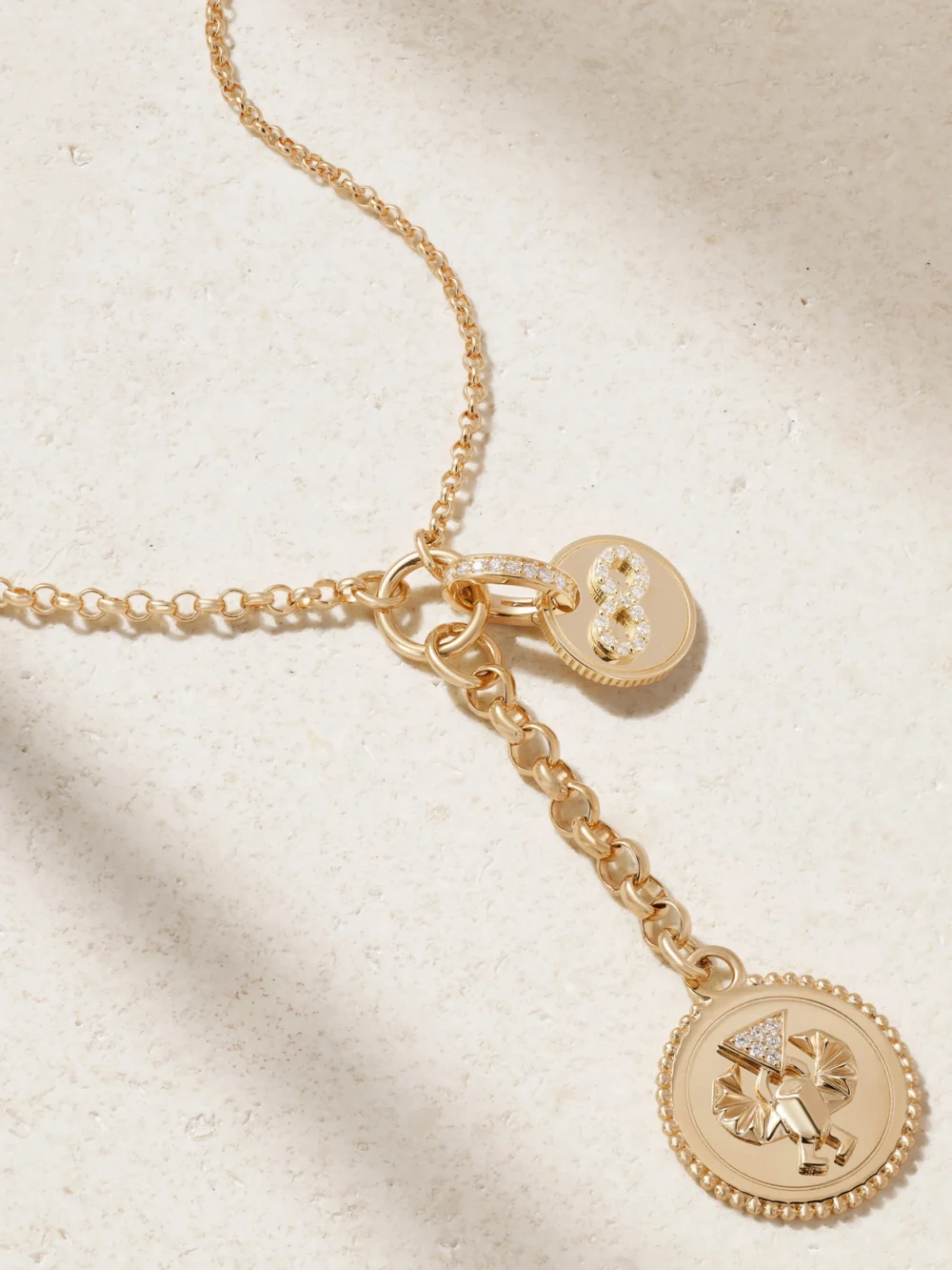 Close-up detail of the FoundRae Protection and Karma 18-karat Gold Diamond Necklace