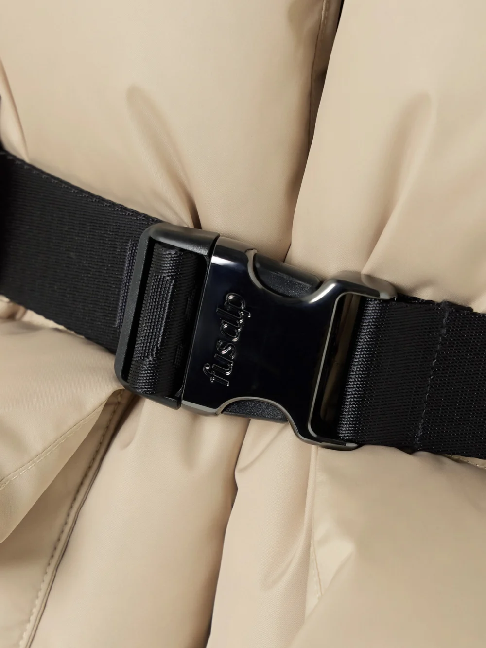 Close-up detail of the Fusalp Oria Belted Hooded Quilted Down Ski Jacket