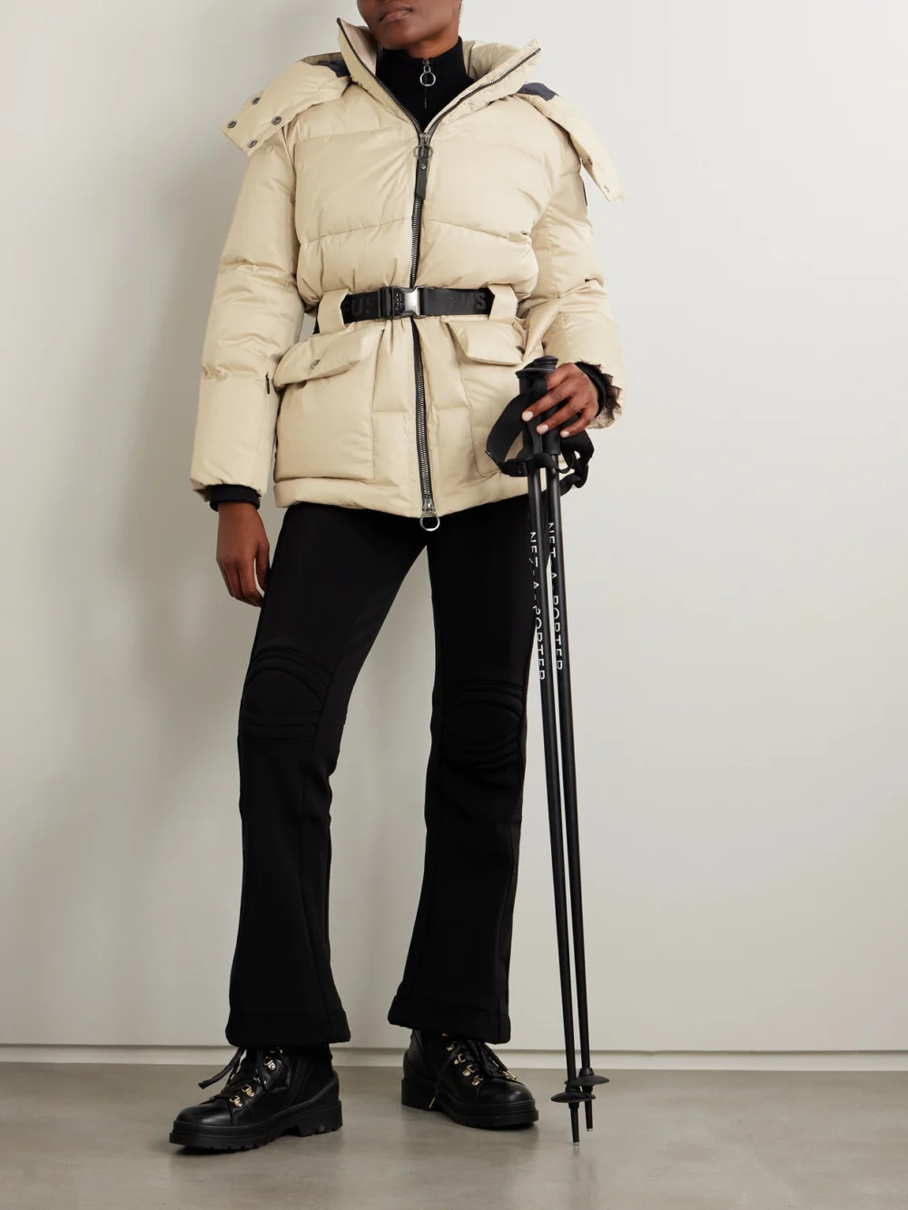 Fusalp Oria Belted Hooded Quilted Down Ski Jacket, worn by a model
