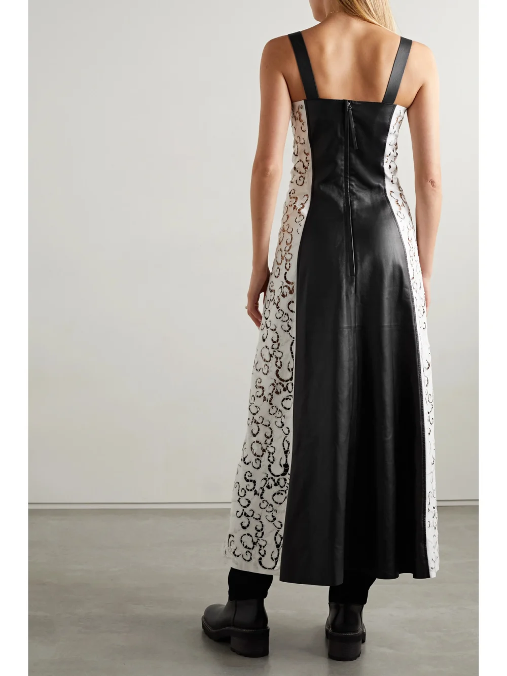 Back view of the Gabriela Hearst Abami Paneled Lace Motif Leather Maxi Dress