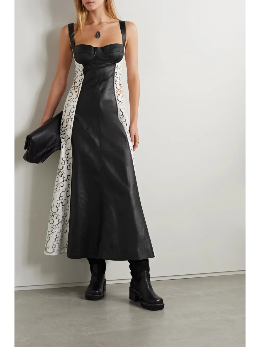 Gabriela Hearst Abami Paneled Lace Motif Leather Maxi Dress, worn by a model