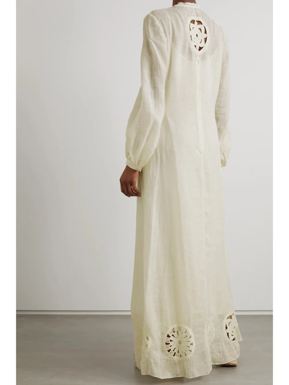 Back view of the Gabriela Hearst Alex Crochet-trimmed Linen and Silk-blend Gauze Maxi Dress