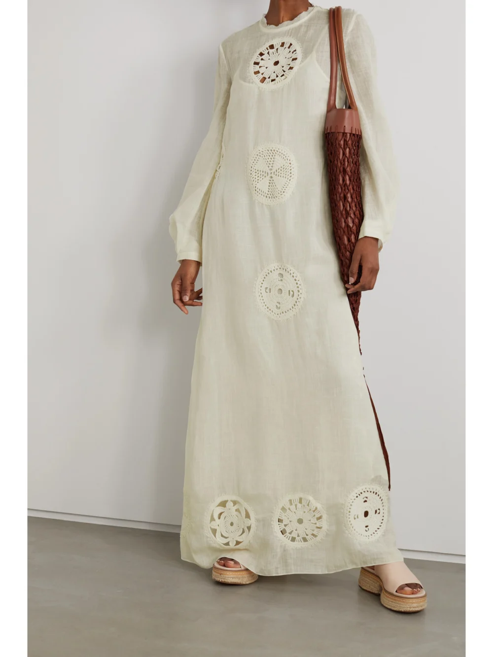 Gabriela Hearst Alex Crochet-trimmed Linen and Silk-blend Gauze Maxi Dress, worn by a model