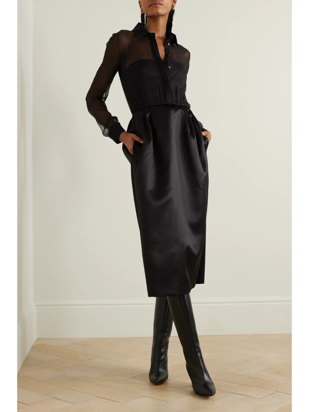 Gabriela Hearst Beatrice Organic Wool and Silk-blend Satin-twill and Silk-chiffon Dress, worn by a model