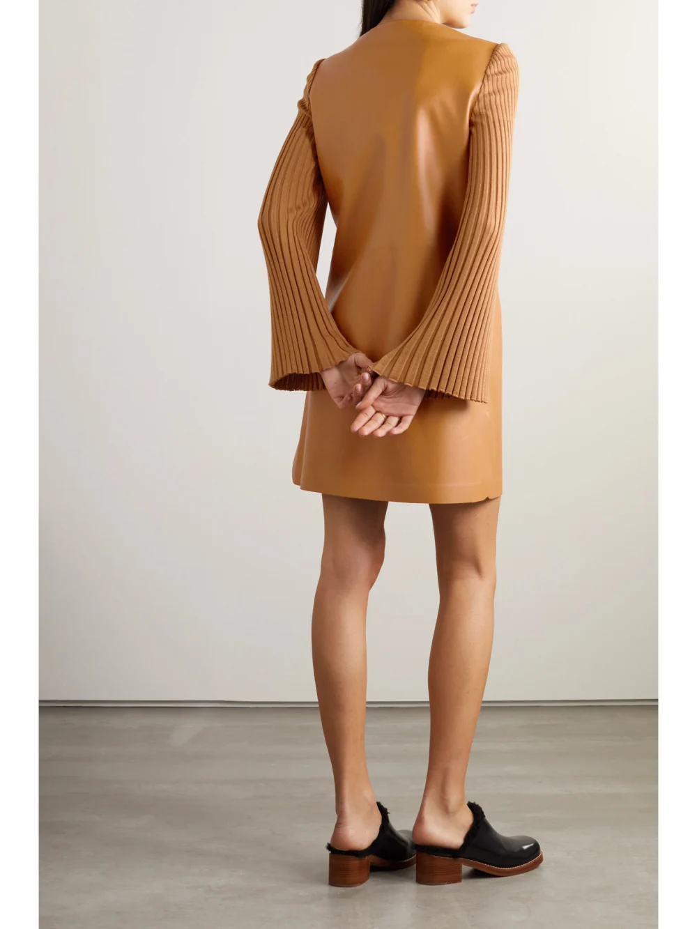 Back view of the Gabriela Hearst Beko Ribbed Cashmere and Leather Mini Dress