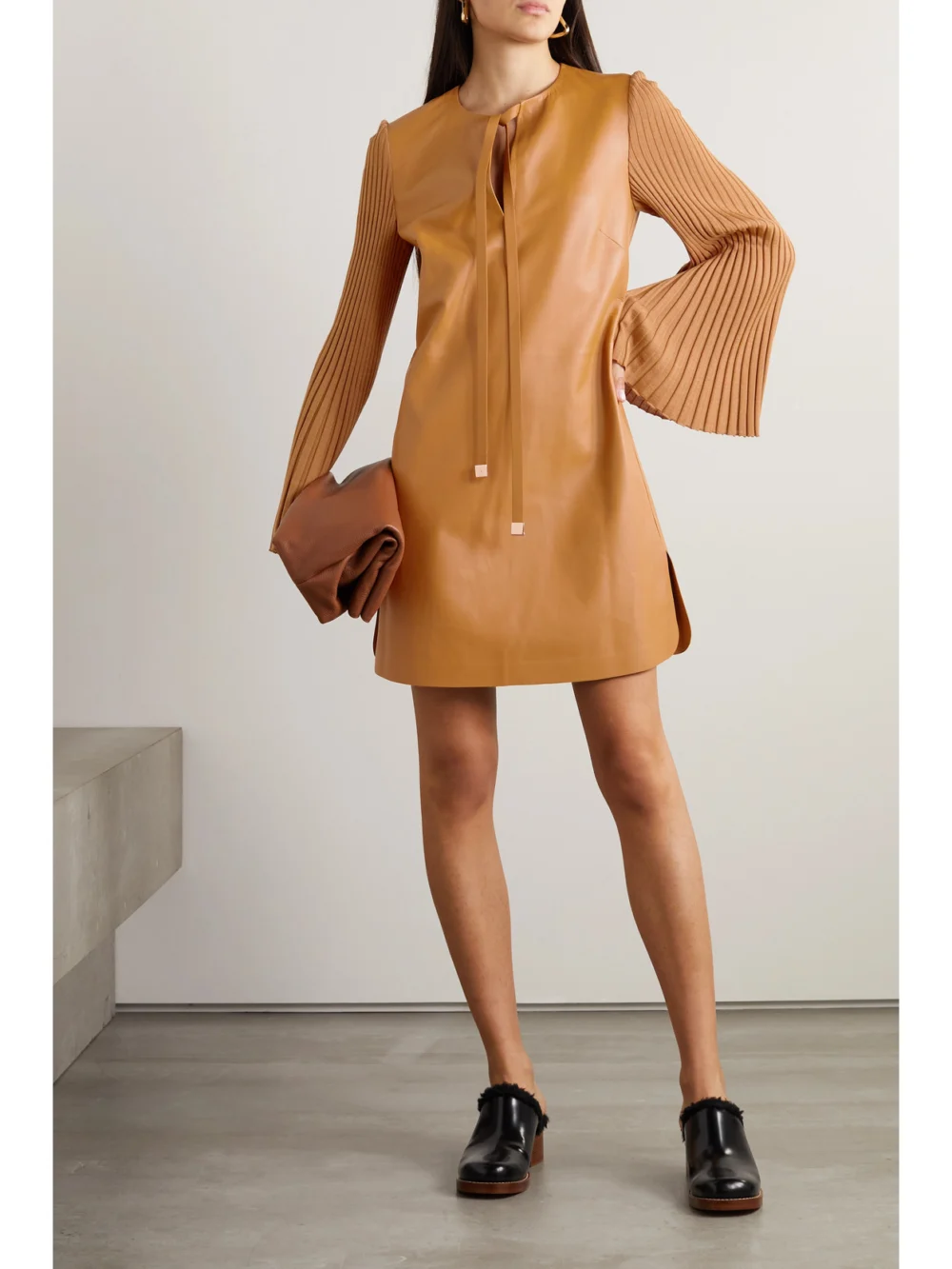 Gabriela Hearst Beko Ribbed Cashmere and Leather Mini Dress, worn by a model