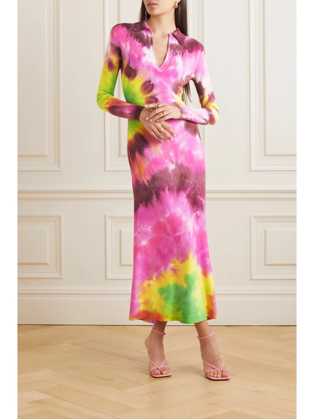 Gabriela Hearst Beryl Tie-dyed Cashmere and Silk-blend Midi Dress, worn by a model