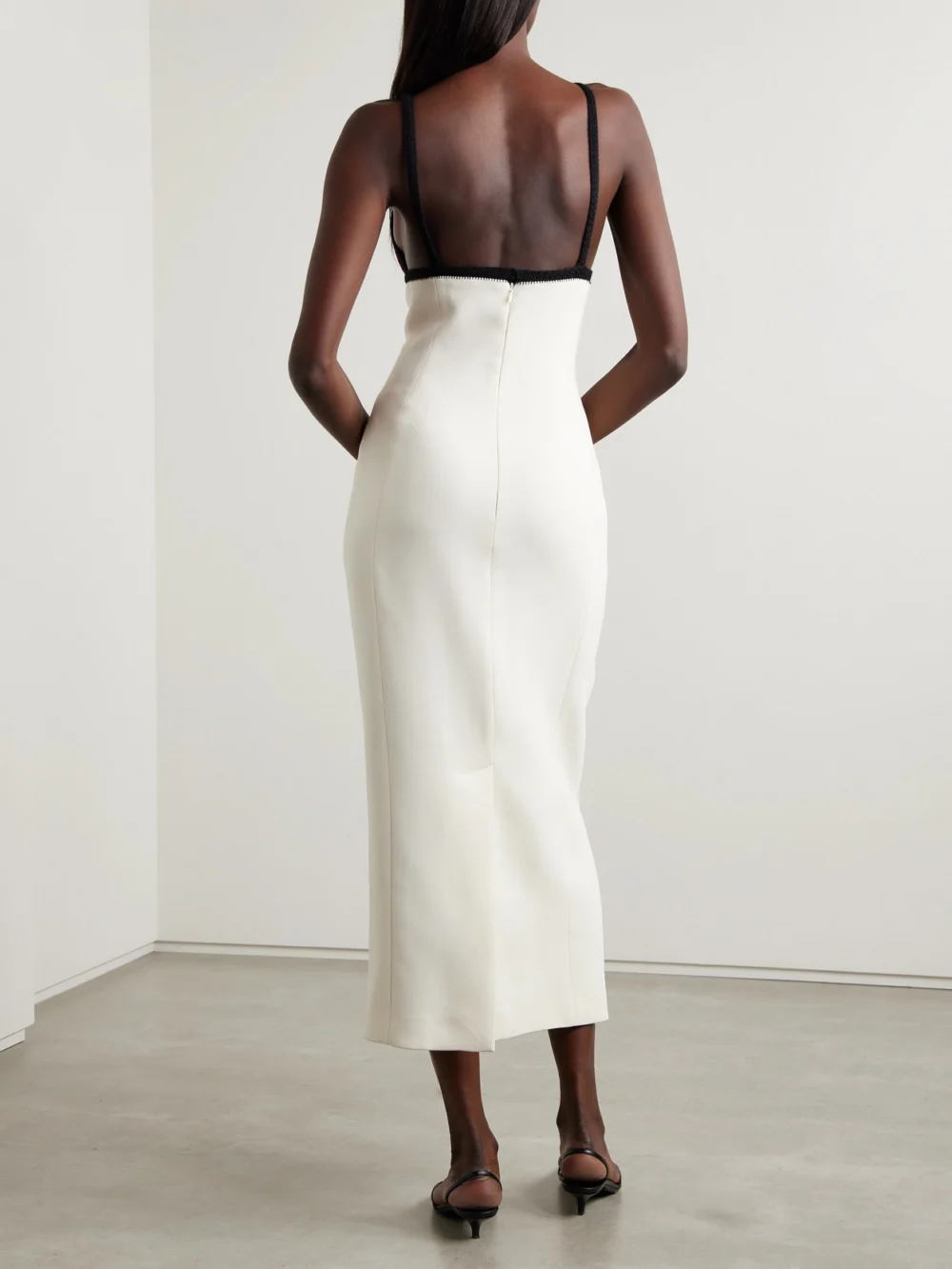 Back view of the Gabriela Hearst Edina Crochet and Suede-trimmed Wool Midi Dress