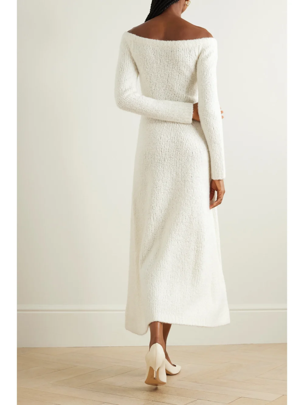 Back view of the Gabriela Hearst Gertrude Belted Organic Cashmere and Silk-blend Bouclé Maxi Dress