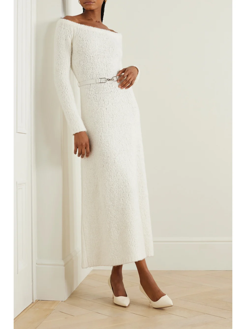Gabriela Hearst Gertrude Belted Organic Cashmere and Silk-blend Bouclé Maxi Dress, worn by a model