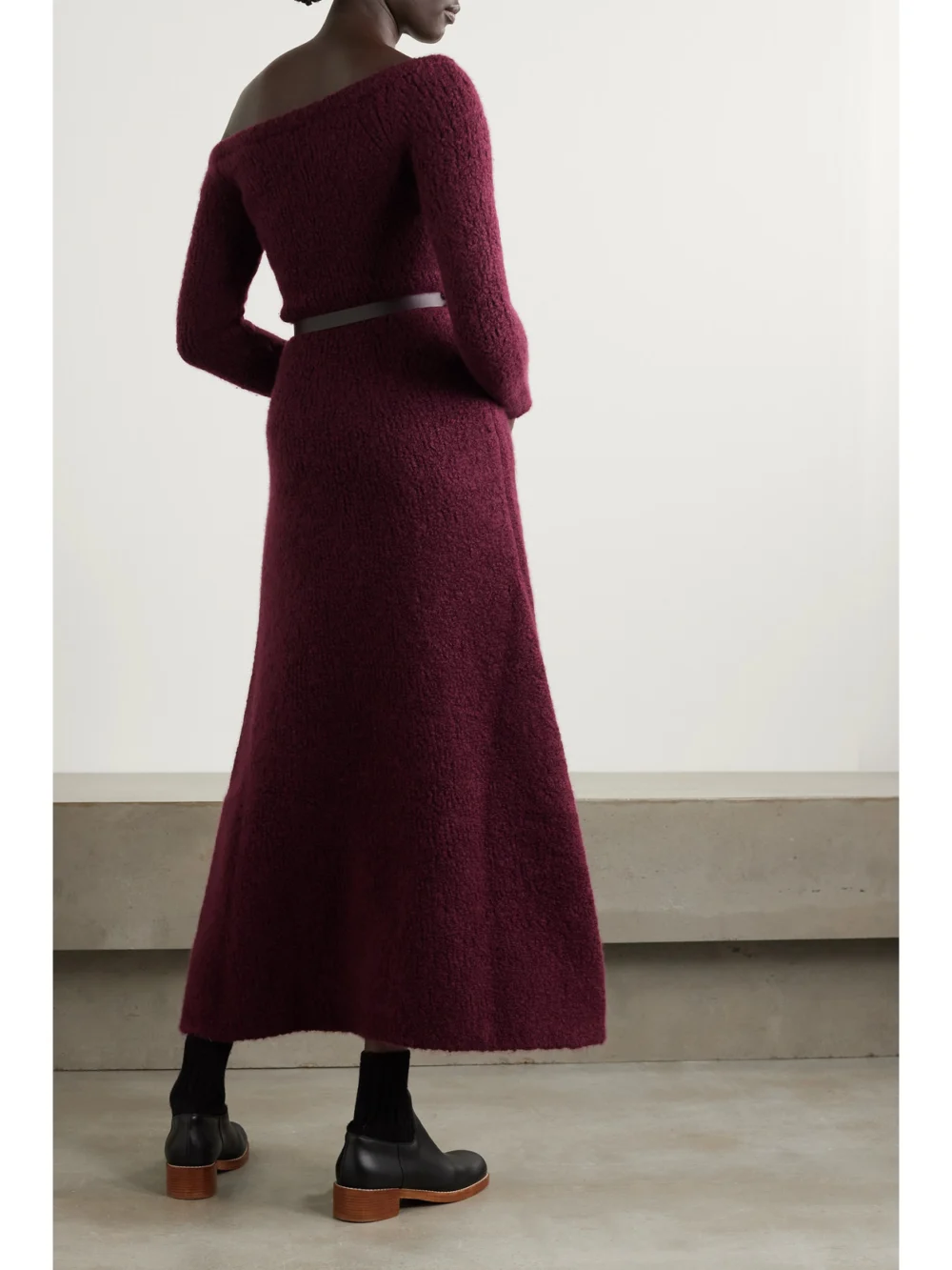 Back view of the Gabriela Hearst Gertrude Belted Organic Cashmere and Silk-blend Bouclé Maxi Dress