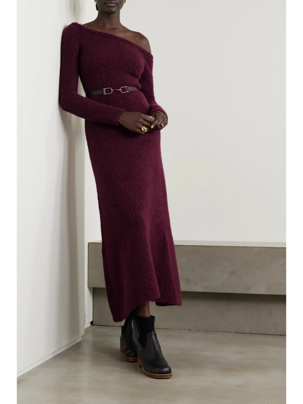 Gabriela Hearst Gertrude Belted Organic Cashmere and Silk-blend Bouclé Maxi Dress, worn by a model