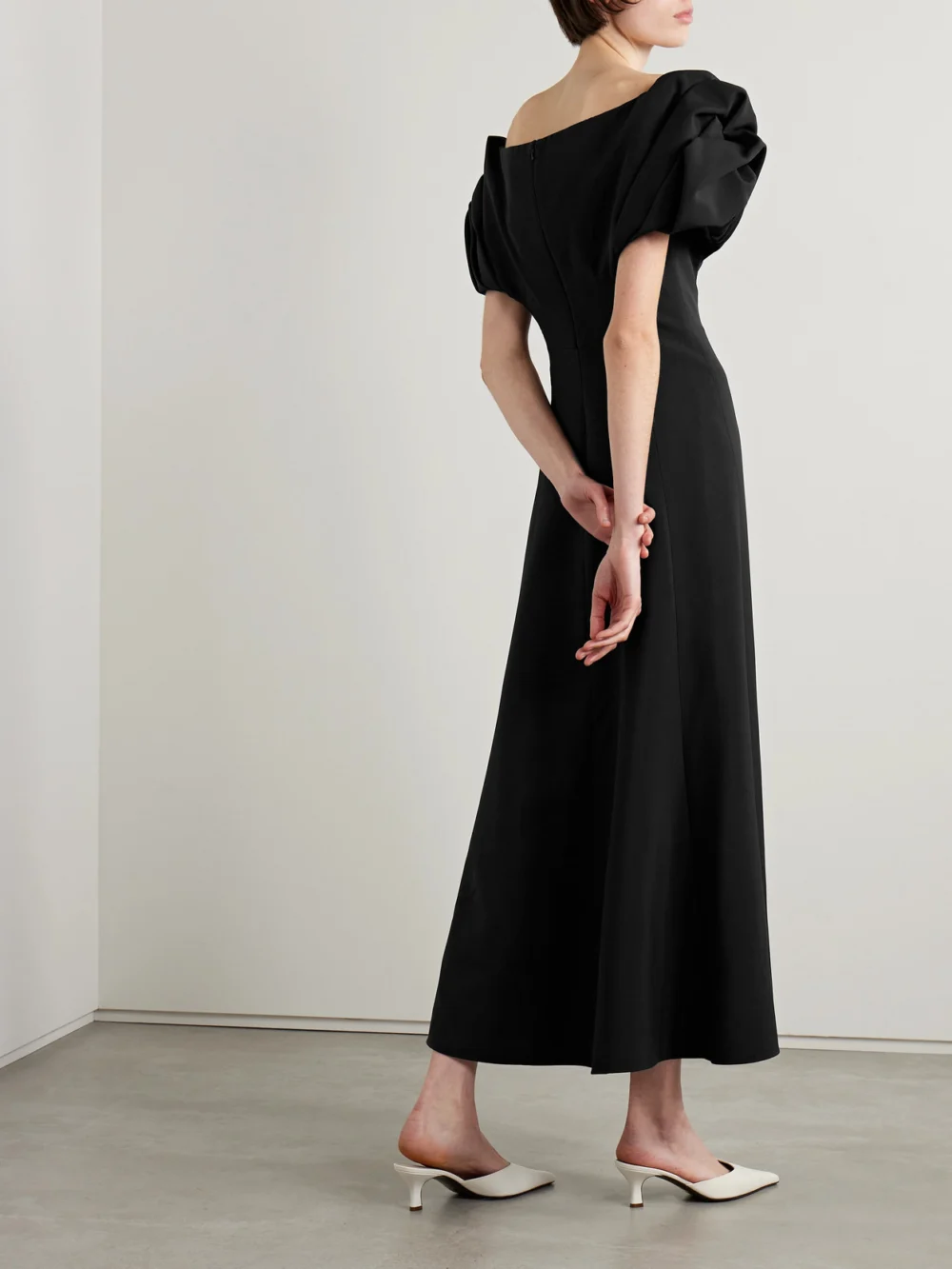 Back view of the Gabriela Hearst Gwyneth Off-the-shoulder Gathered Silk and Wool-blend Midi Dress