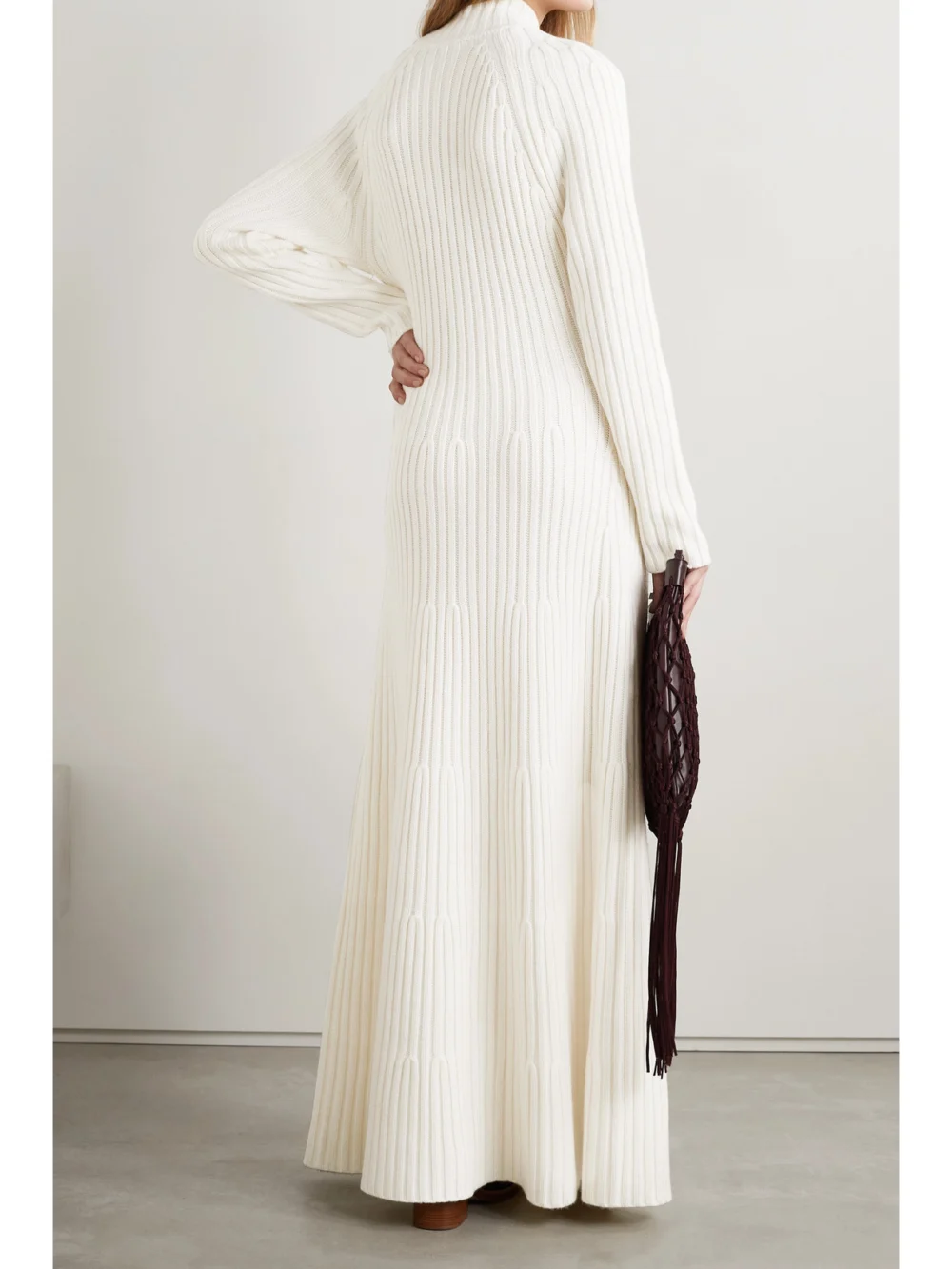 Back view of the Gabriela Hearst Juana Embellished Cutout Ribbed Cashmere Maxi Dress