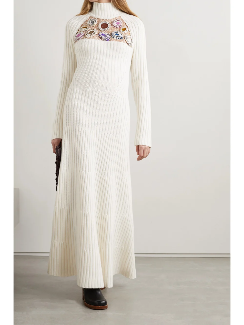 Gabriela Hearst Juana Embellished Cutout Ribbed Cashmere Maxi Dress, worn by a model