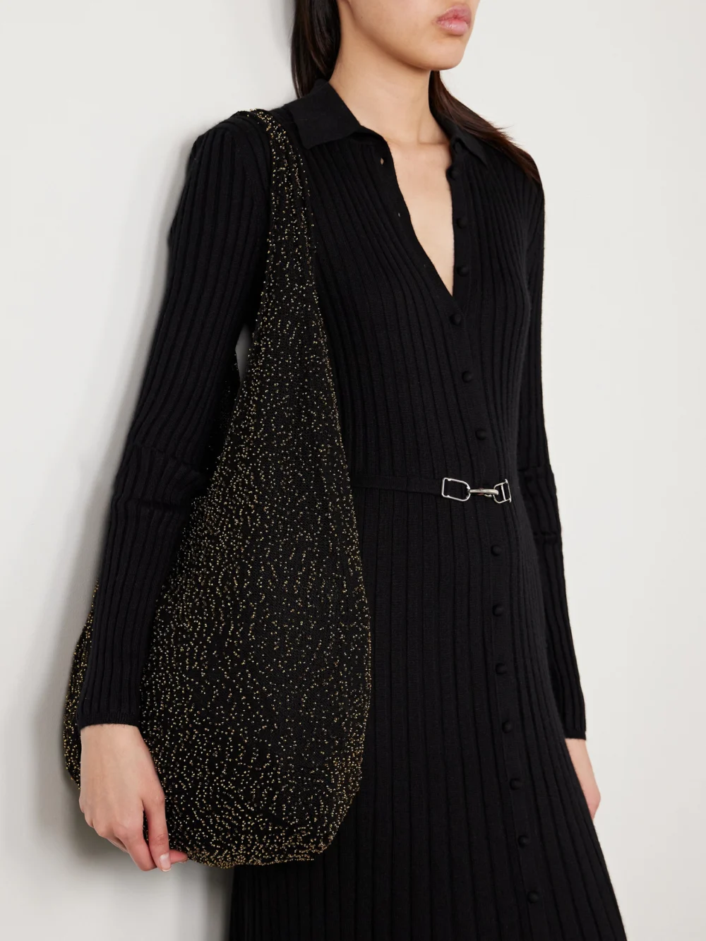 Gabriela Hearst Manasa Bead-embellished Cashmere Shoulder Bag, styled view