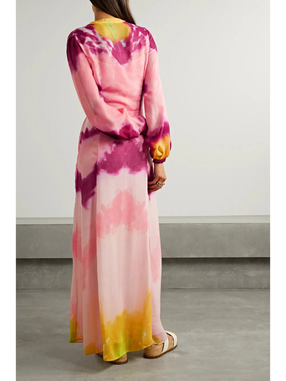 Back view of the Gabriela Hearst Massey Belted Tie-dyed Cashmere Maxi Dress