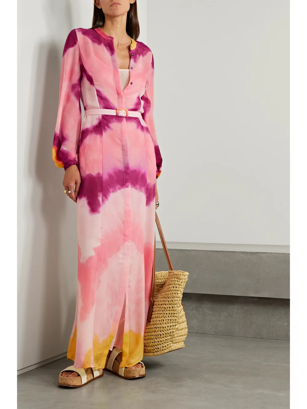 Gabriela Hearst Massey Belted Tie-dyed Cashmere Maxi Dress, worn by a model