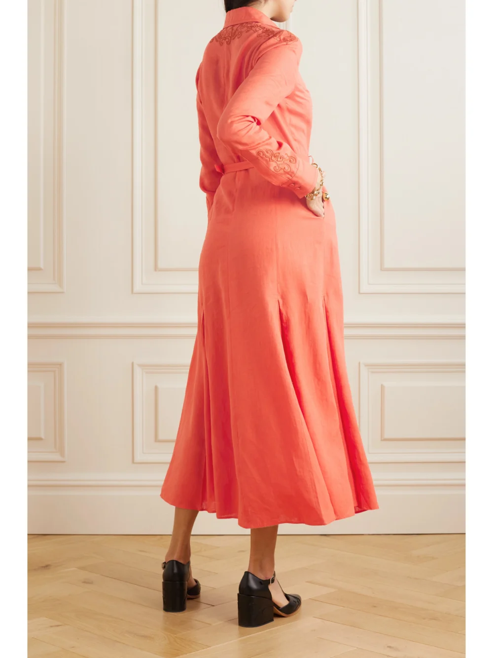 Back view of the Gabriela Hearst Mcgraw Belted Embroidered Linen Midi Shirt Dress