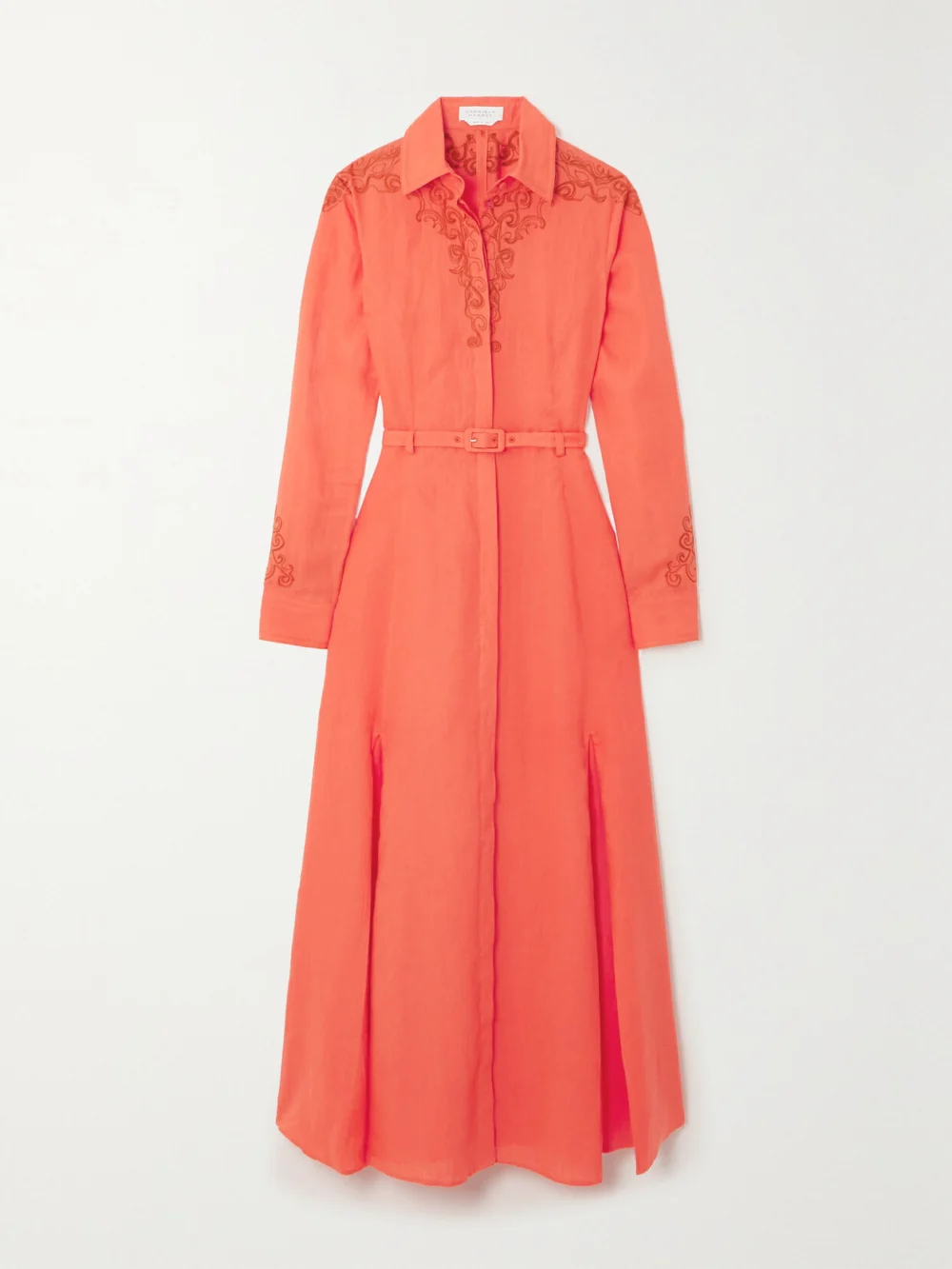 Gabriela Hearst Mcgraw Belted Embroidered Linen Midi Shirt Dress in orange