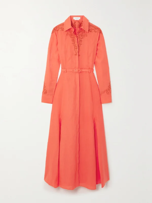 Gabriela Hearst Mcgraw Belted Embroidered Linen Midi Shirt Dress