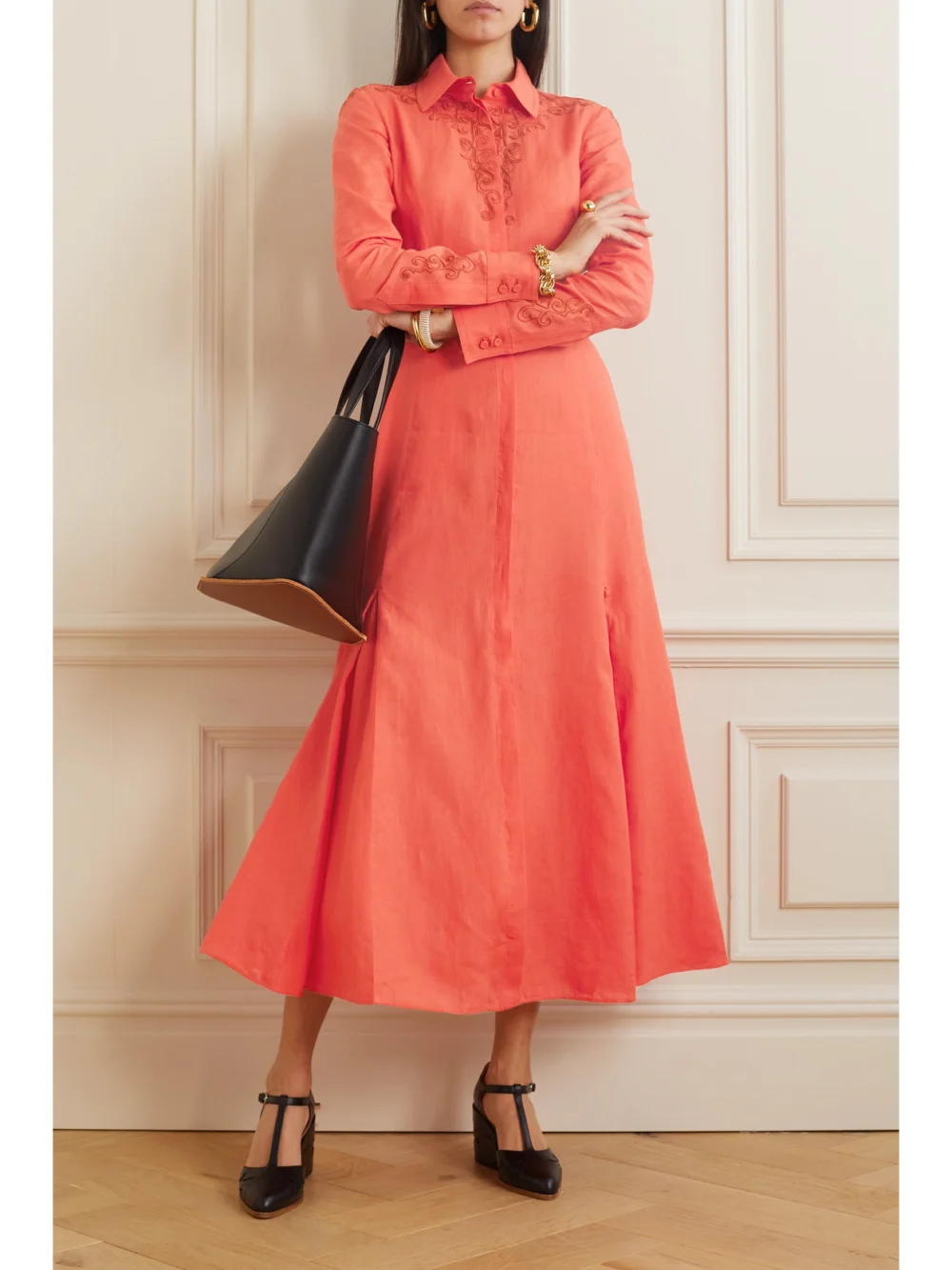 Gabriela Hearst Mcgraw Belted Embroidered Linen Midi Shirt Dress, worn by a model