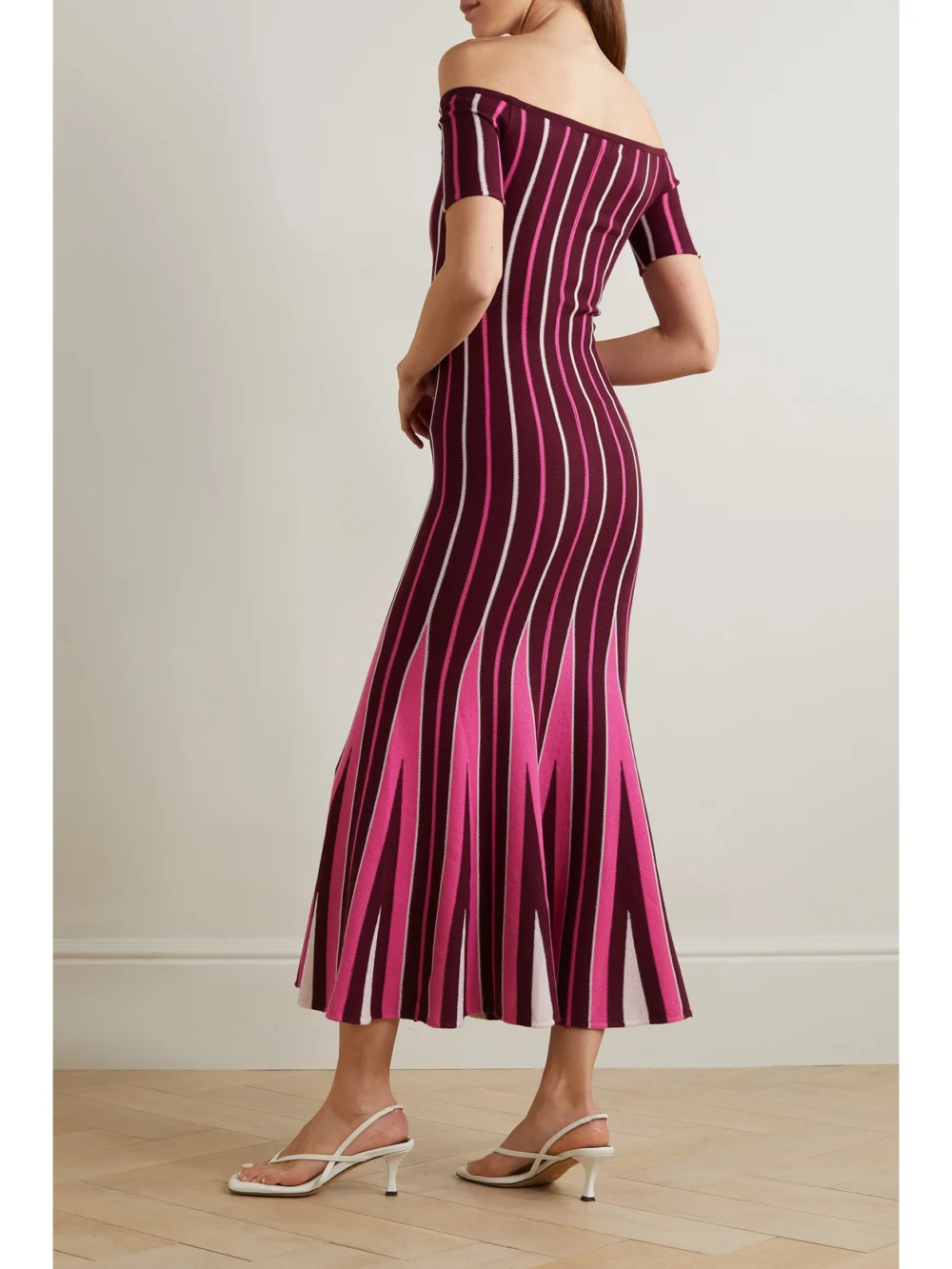Back view of the Gabriela Hearst Medea Off-the-shoulder Striped Wool Maxi Dress