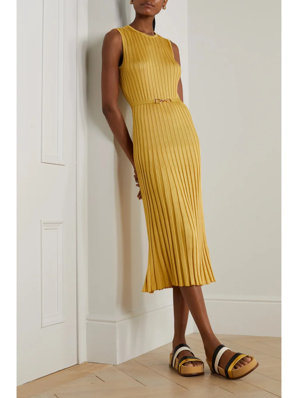 Gabriela Hearst Meier Belted Ribbed Silk Midi Dress, worn by a model
