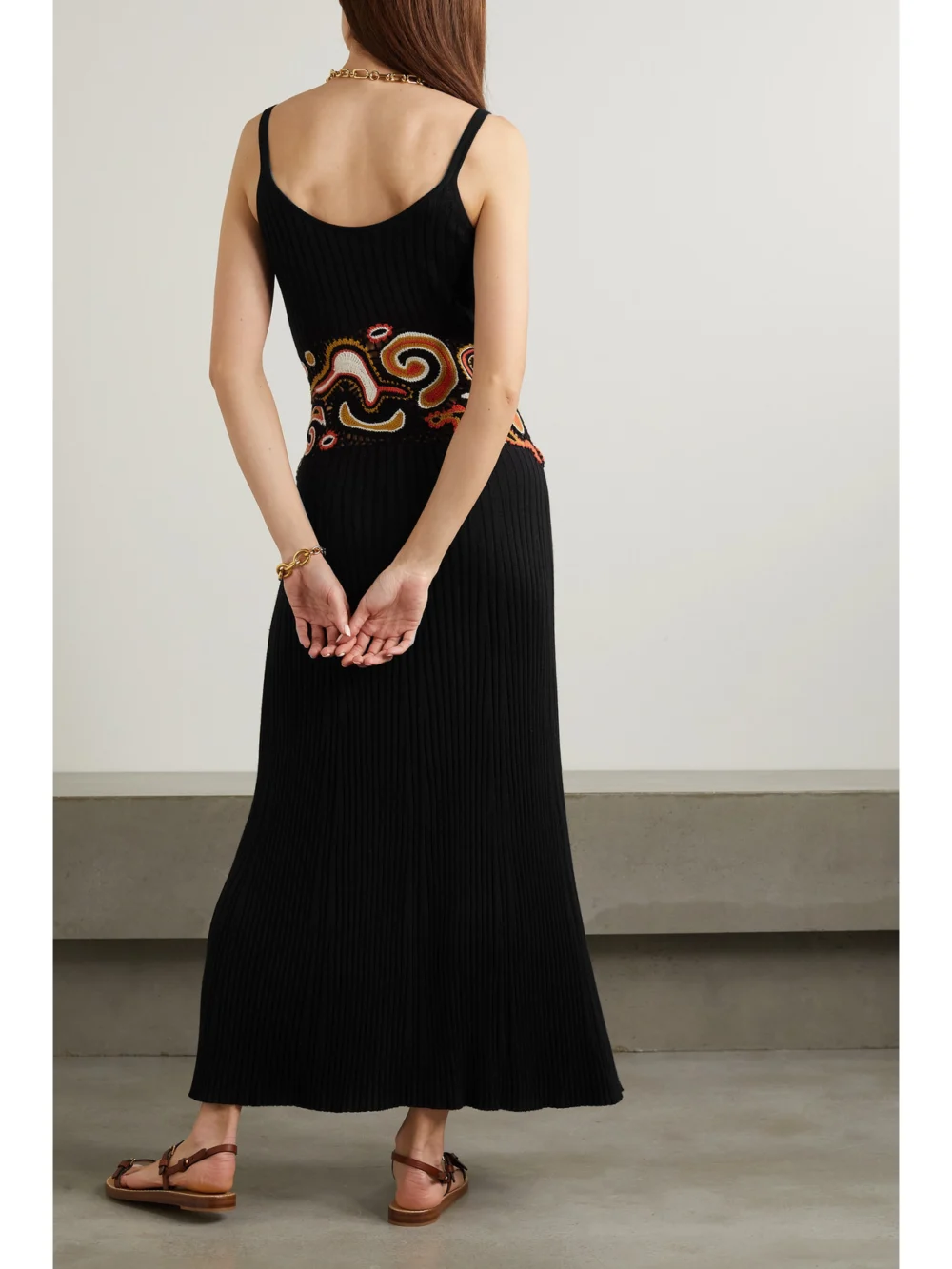 Back view of the Gabriela Hearst Mila Crochet-paneled Ribbed Cashmere and Silk-blend Maxi Dress