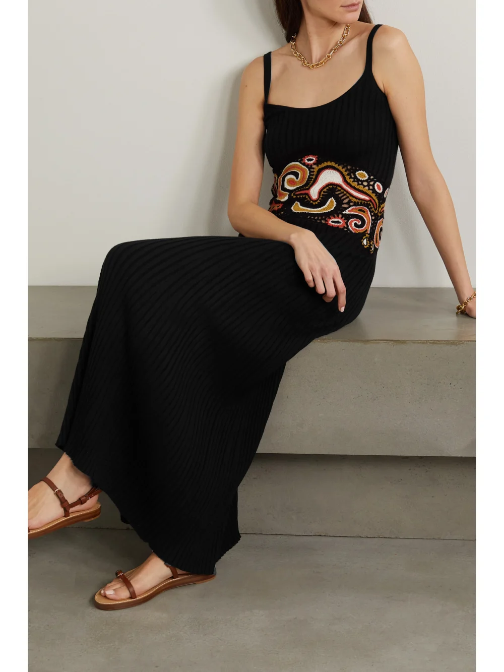 Gabriela Hearst Mila Crochet-paneled Ribbed Cashmere and Silk-blend Maxi Dress, worn by a model