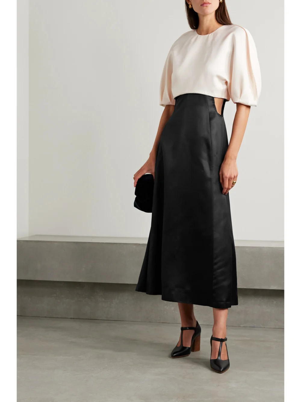 Gabriela Hearst Monod Cutout Wool and Silk-blend Duchesse-satin Maxi Dress, worn by a model