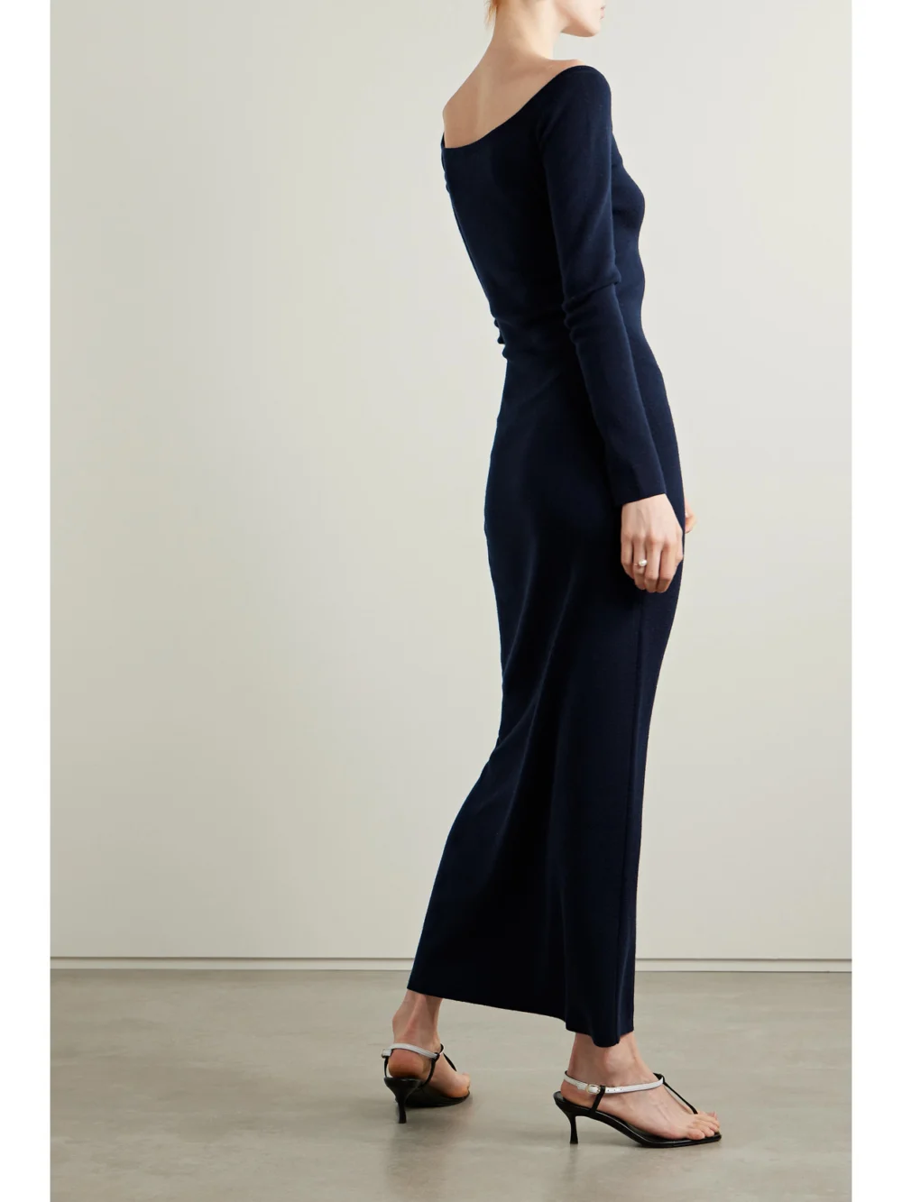 Back view of the Gabriela Hearst Selwyn Off-the-shoulder Wool and Cashmere-blend Midi Dress