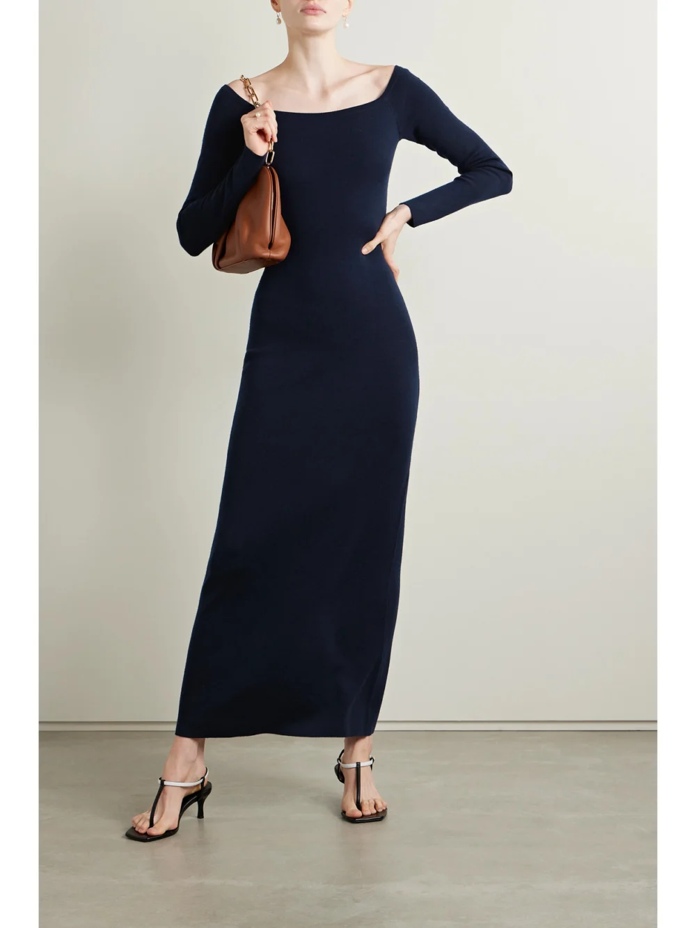 Gabriela Hearst Selwyn Off-the-shoulder Wool and Cashmere-blend Midi Dress, worn by a model