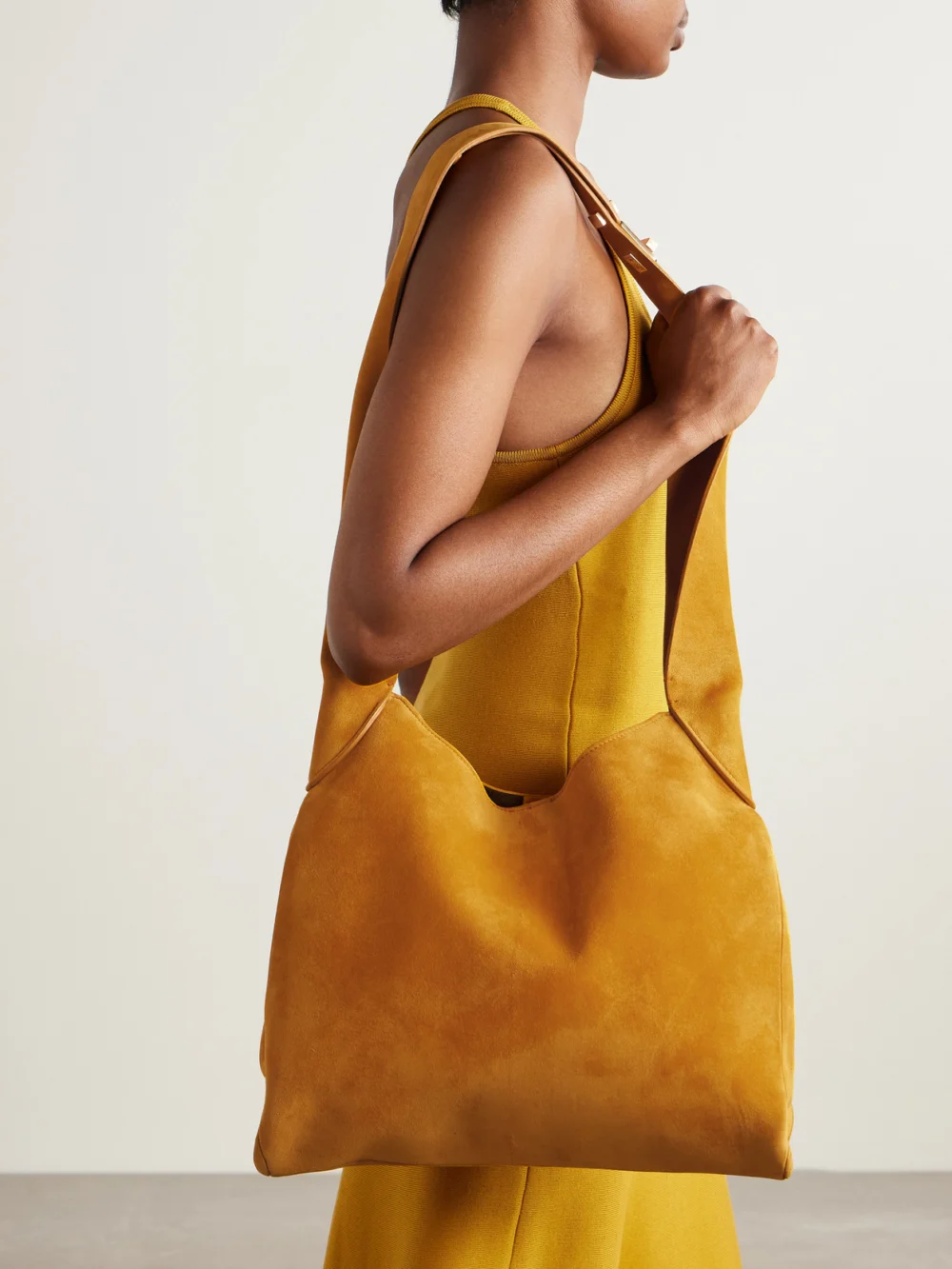 Gabriela Hearst Small Suede Shoulder Bag, styled view