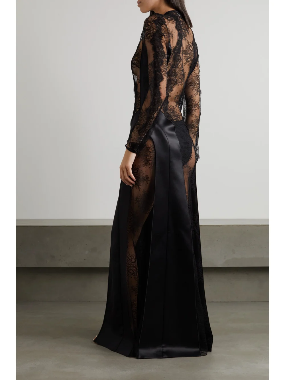 Back view of the Gabriela Hearst Yernard Paneled Wool and Silk-blend Satin and Lace Maxi Dress