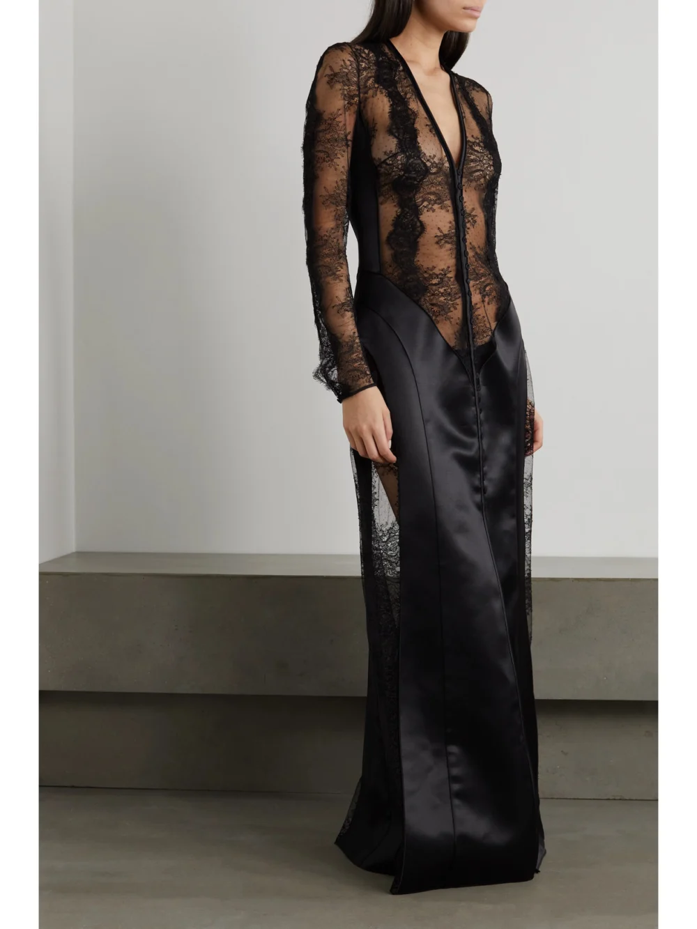 Gabriela Hearst Yernard Paneled Wool and Silk-blend Satin and Lace Maxi Dress, worn by a model