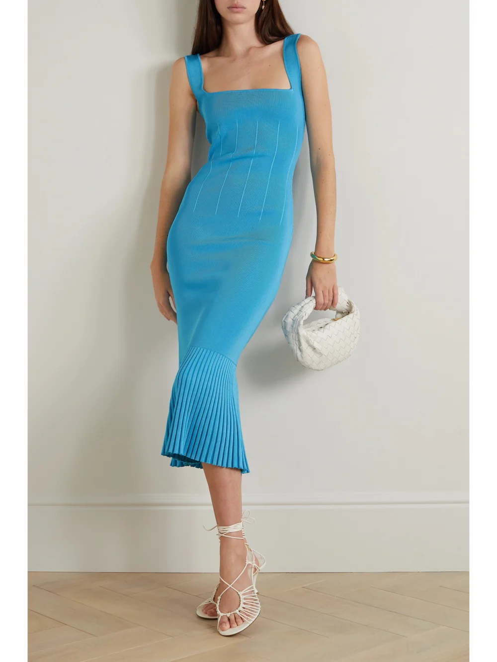 Galvan Atalanta Pleated Stretch-knit Midi Dress, worn by a model