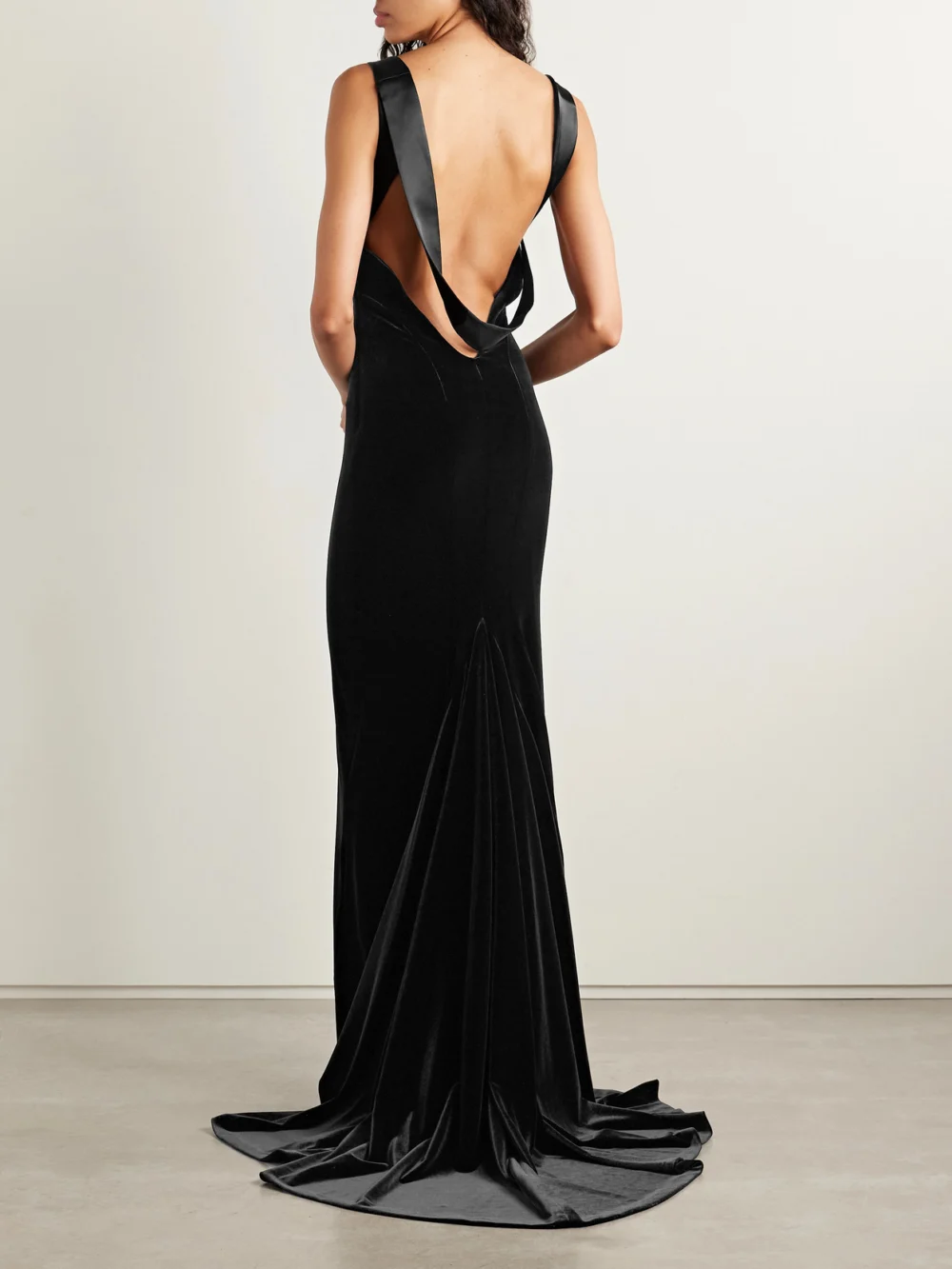 Back view of the Galvan Avedon Open-back Embellished Stretch-velvet Gown